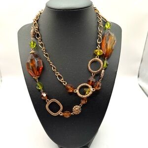 1928 Rose Gold Tone Amber and Green Beads Long Necklace